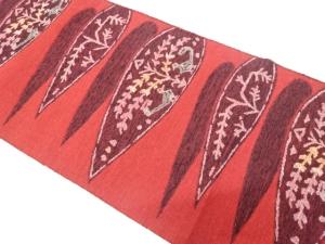 アンティーク　手織り紬　樹木に鳥模様織り出し名古屋帯（着用可）